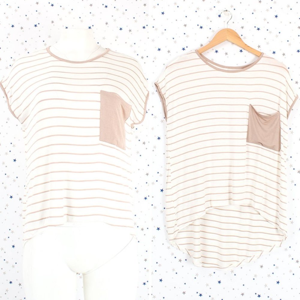 Off White Taupe Stripe Hi Lo Knit Tee Top
